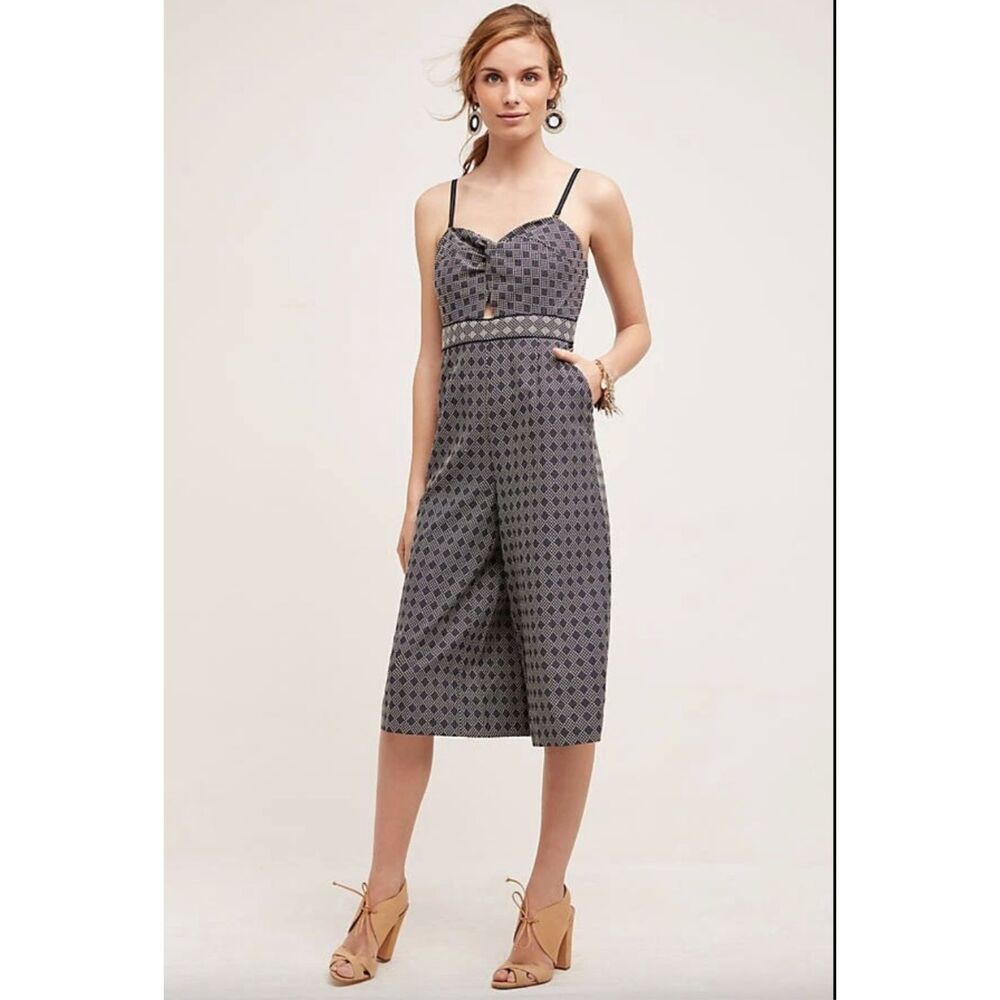 Elevenses Anthropologie Remy Blue Geometric Print Wide‎ Leg Jumpsuit Size 4 VGC